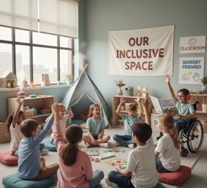 Children, including a wheelchair user, sitting on floor cushions under an 'Our inclusive space' banner