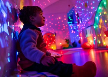 A young child sitting in a sensory room lit with coloured lights and projected patterns