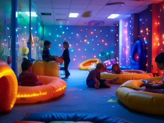 Children playing and resting on soft seating in a multisensory room with starry lights