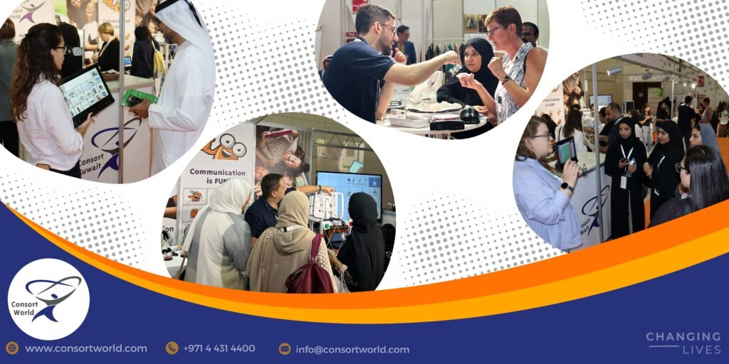 A collage of visitors trying assistive technology on the Consort World stand at AccessAbilities Expo 2023